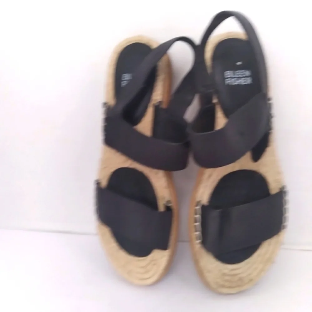 Eileen Fisher Black Leather Espadrille Platform Sandals Comfort Summer‎ Shoes